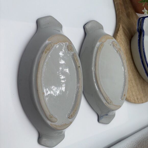 4 Vtg Blue Trim & Gray Speckled eared gratin dishes Preowned - Picture 6 of 7